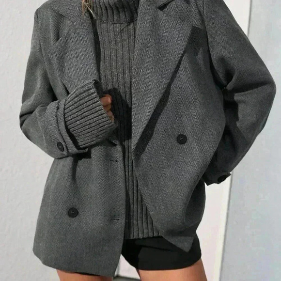 Dark Grey Casual Women's Oversized Turndown Collar Herringbone Mid-Length Jacket - Picture 6 of 6